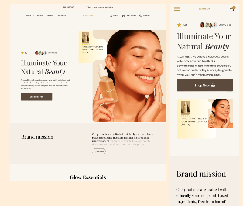 LumaSkin — Skincare Hero Section (Mobile & Desktop UI Concept) conversiondesign crodesign design dribbble ecommercedesign ecommerceux ecommercewebsite figma landingpage minimaldesign productpage shopifydesign skincare uxdesign webdesign