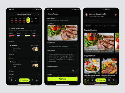 Food Tracking & Recipe Planner Mobile App app design dark mode dashboard dashboard app food tracking health health tracker mobile mobile app mobile app dashboard mobile app design mobile app food log mobile app health mobile app nutrition nutrition product design recipe saas uiux