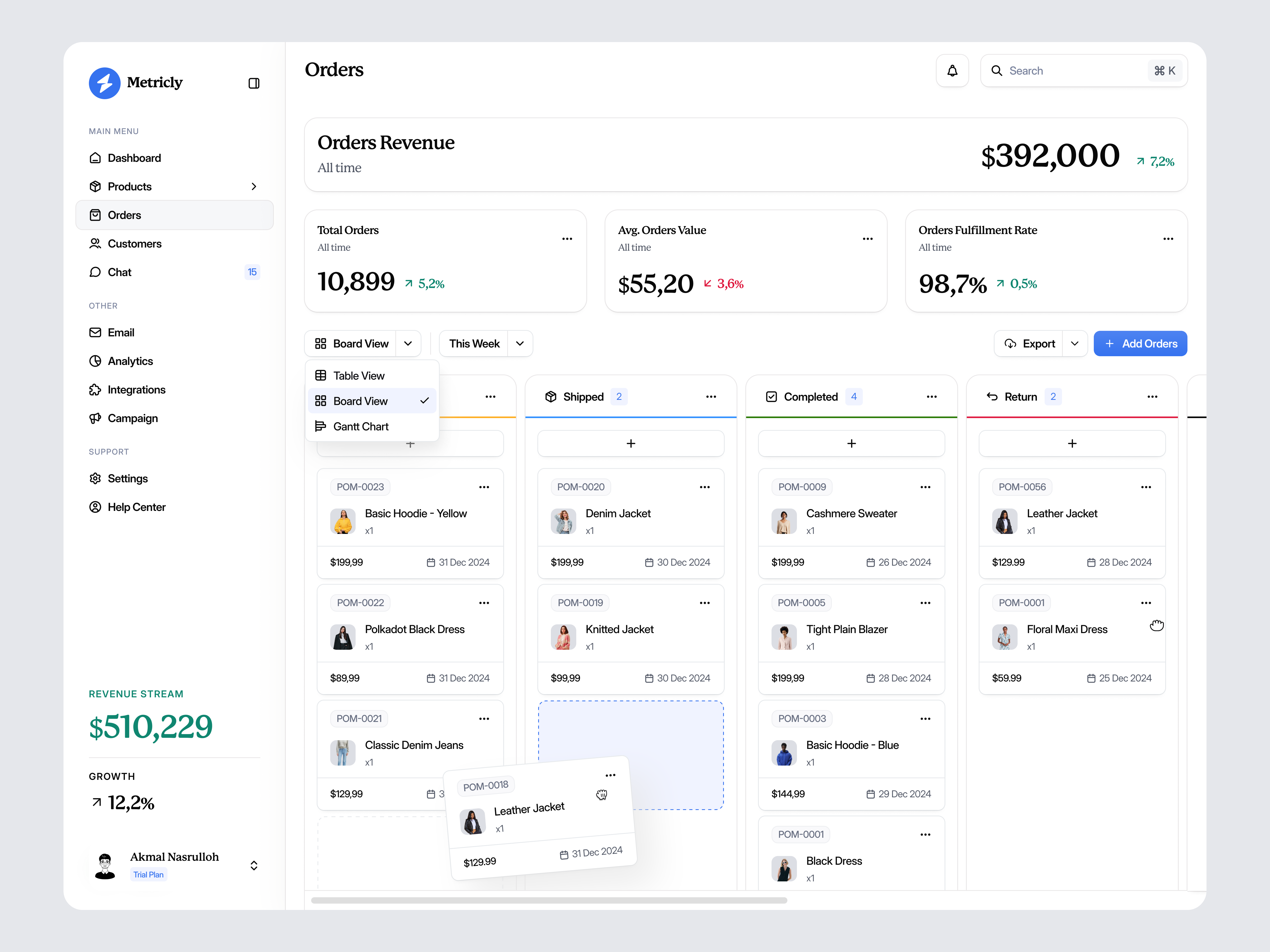 Sales Dashboard - Orders Page Board View admin board view business dashboard design minimal modern online order order page sales sales dashboard sell shop shopping ui ui design ux design website