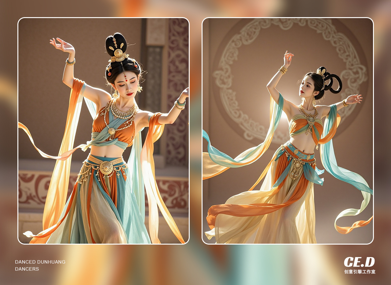 The classic posture of "dance steps" in AIGC's "Dunhuang Dancers ai created works ai creation ai design ai painting ai video brand customization original article poster design promotional video traditional culture visual design