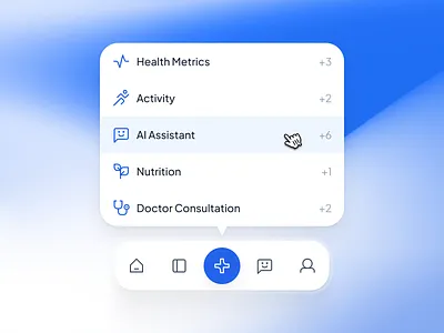 asklepios v3: AI Health & Wellness App - Smart Mobile Tab Bar UI ai wellness app asklepios ui kit blue clean digital health app figma design system gradient healthcare design system healthcare interface ui healthcare ui kit menu ui minimal mobile health app mobile navigation bar ui mobile tab bar modern nav bar ui smart health app tab bar menu ui wellness ui kit