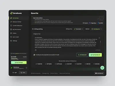 ZeroEssay – AI Humanizer & Rewrite Dashboard ai content ai content generator ai saas platform ai tools artificial intelligence copywriting dashboard dashboard ai paraphrase product product design prompt rewrite saas text editor ui design uiux user interface wavespace writing ai