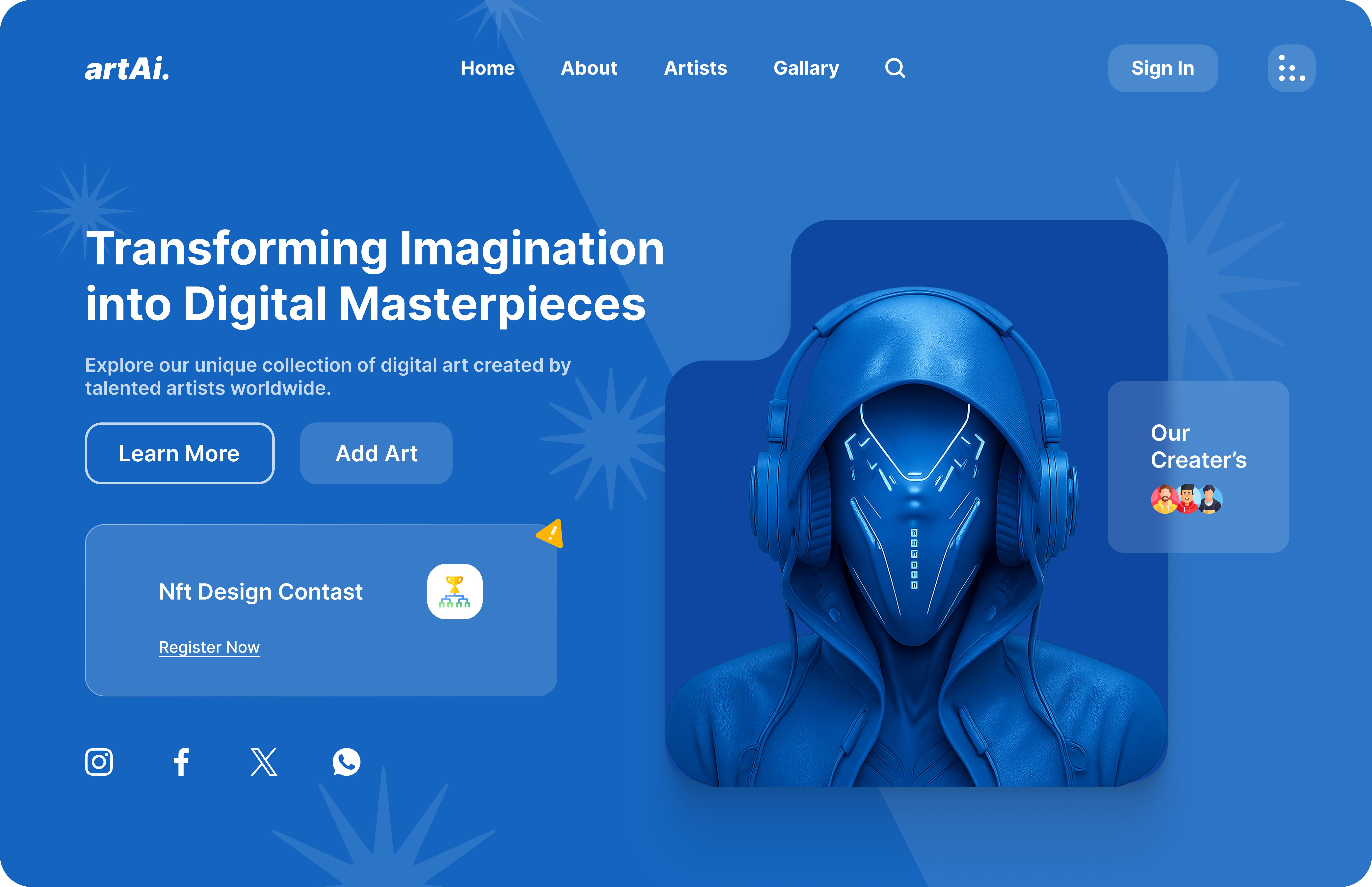 AI Art Marketplace aiart aidesign artistplatform creativedesign creativetech designinspiration digitalart figmadesign landingpagedesign modernui nftdesign nftmarketplace productdesign startupdesign techstartup uidesign uxdesign uxuidesign webdesign webui