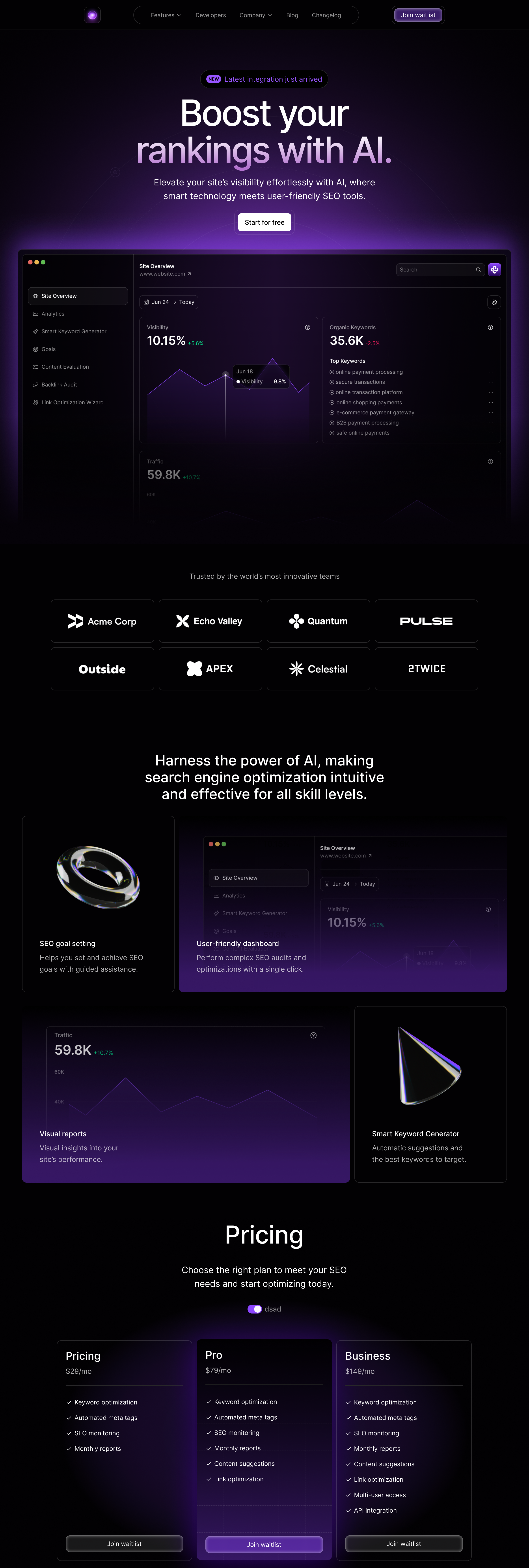 AI-Driven SEO Platform aidesign aiproduct aistartup darkui dashboardui datavisualization designinspiration figmadesign landingpagedesign marketingtech modernui productdesign saasdesign seoplatform startupdesign techstartup uidesign uxdesign uxuidesign webdesign