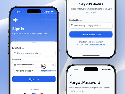 asklepios v3: AI Health & Wellness App - Sign In/Authentication ai wellness app asklepios ui kit authentication ui blue clean digital health app figma design system gradient healthcare design system healthcare mobile app minimal mobile design pattern mobile health app modern sign in sign in screen sign up sign up ui smart health app wellness ui kit