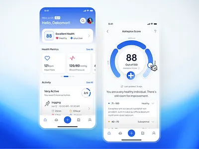 asklepios v3: AI Health & Wellness App - Home & Smart Score UI asklepios ui kit blue clean digital health app gradient health score ui healthcare design system healthcare interface ui healthcare mobile app healthcare ui kit minimal mobile health app mobile healthcare app mobile home screen mobile home ui modern smart health app smart score wellness score wellness ui kit