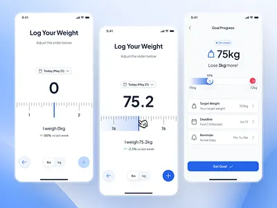 asklepios v3: AI Health & Wellness App - Log Weight Flow UI ai health assistant app asklepios ui kit blue clean digital health app figma design system gradient healthcare design system healthcare interface ui healthcare mobile app healthcare ui kit log weight minimal mobile health app modern smart health app weight weight app weight loss app weight ui
