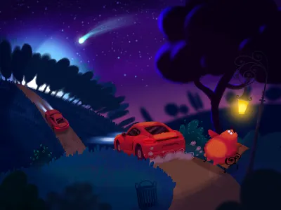 Flipflop and the Meteor animation book car character childrens storybook comet forest illustration kid landscape meteor monster night road sky stars