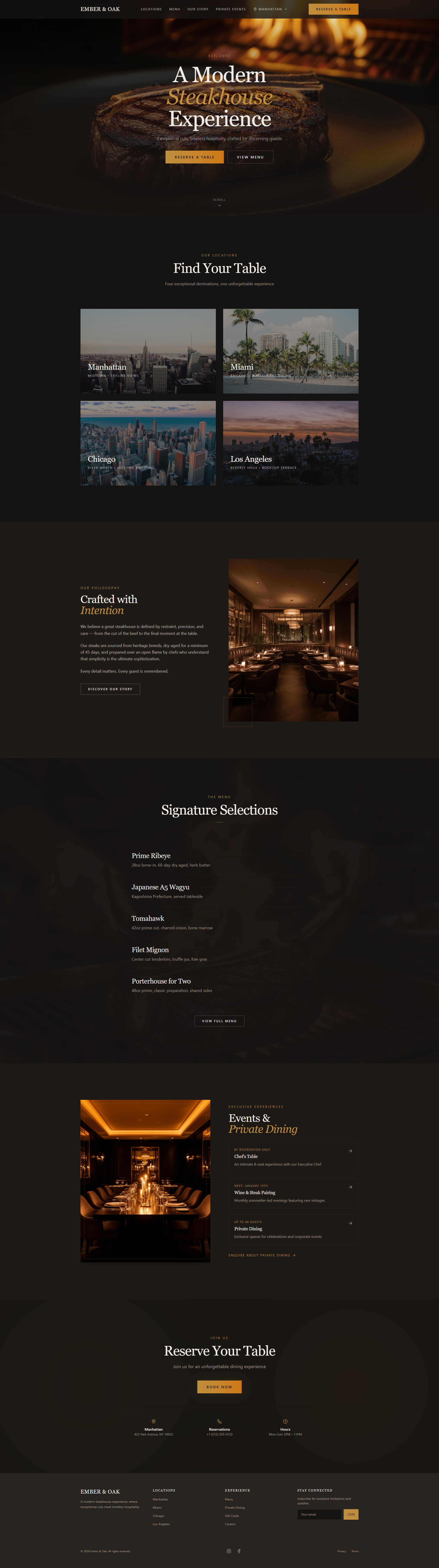 Ember & Oak — Modern Steakhouse Website branding conversion design dark ui fine dining food website homepage design hospitality design landing page luxury website minimal design modern design restaurant website steakhouse ui ui design ux design visual design web design website concept