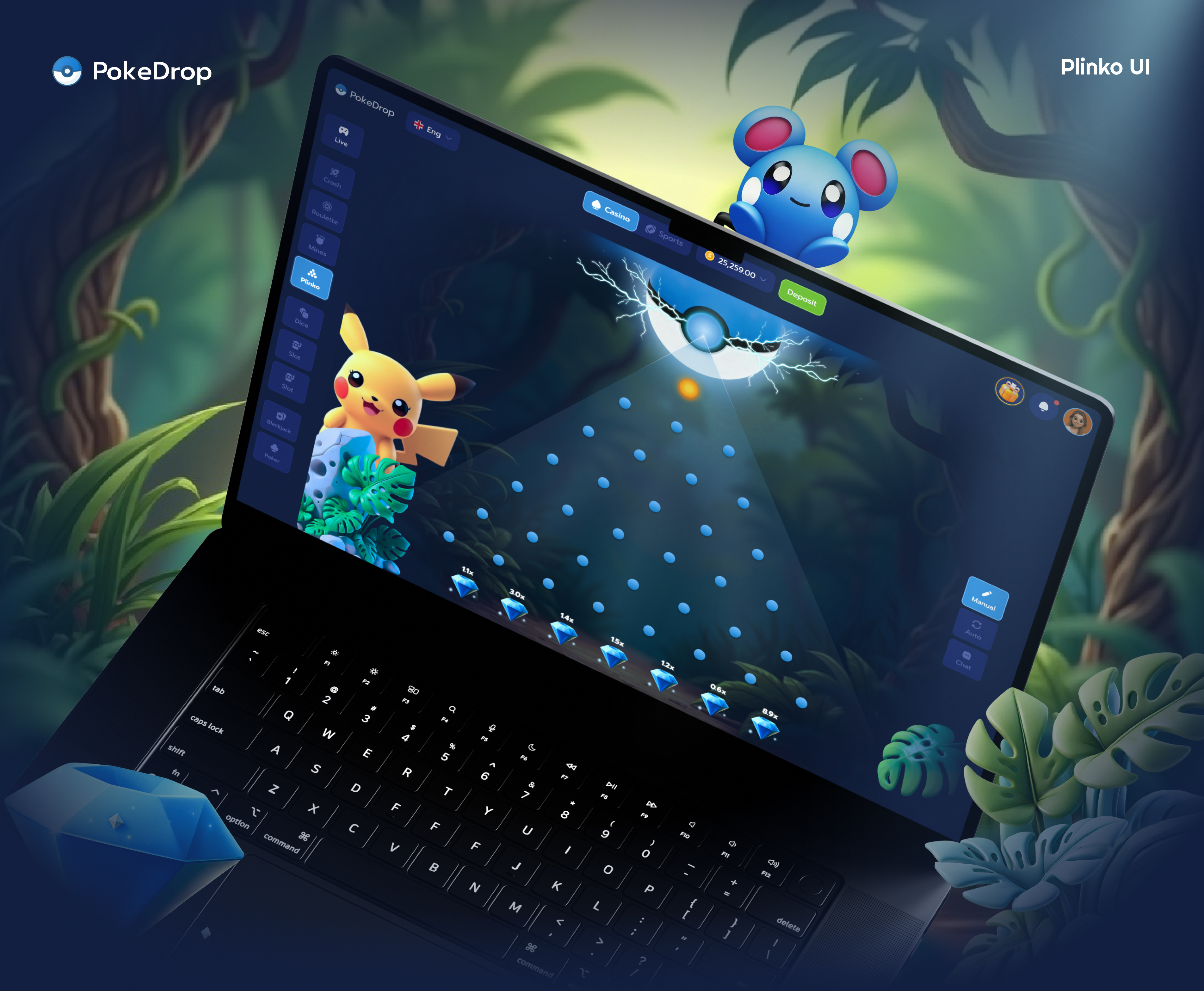 PokeDrop Plinko 3d casinoui dribbbleshot gameux graphic design igamingdesign plinkoui ui uidesign