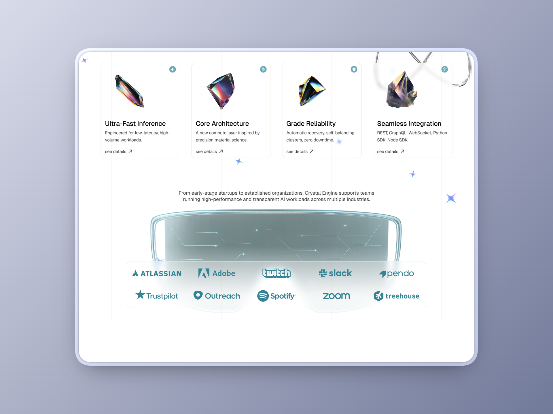 Crystal Engine — Transparent AI Performance Landing Page clean futuristicdesign hero home layout light page saas ui ux website