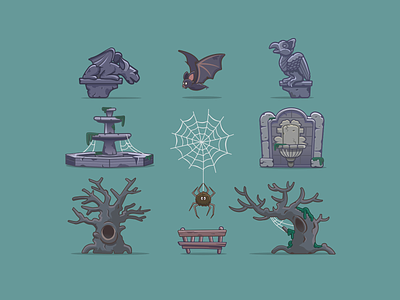 Game objects 2d 2d icons art bat casual character game game 2d game at game design game objects icons illustration middle ages mysterious forest plattformer sculpture style tree web