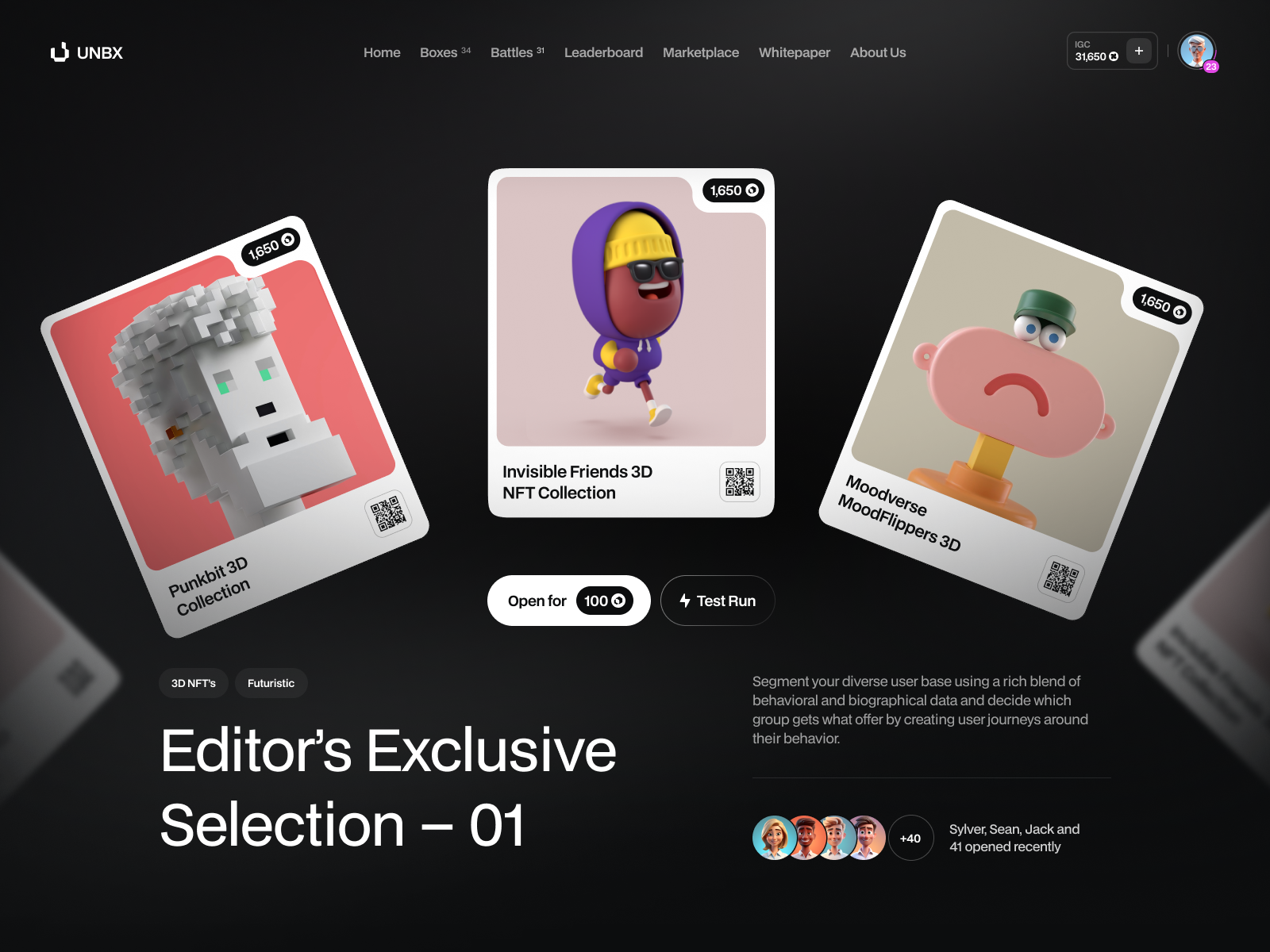 UNBX - NFT Mystery Box Opening app crypto dark game gaming motion graphics mystery box nft ui unbox unbxoing web web3 website