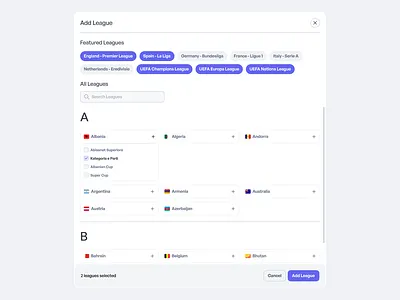 Add Leagues Modal betting league selector modal multiselect select ui web design