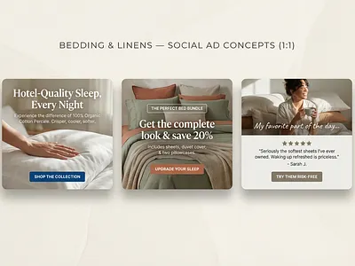 Bedding & Linens, Social Ad Concepts (1:1) ad concepts art direction bedding design brand design clean design concept design creative direction design exploration ecommerce design lifestyle design linens design marketing creatives minimal design paid ads product ads social media ads typography ui design visual design