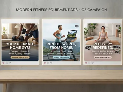 Modern Fitness Equipment Ad Campaign Q3 Social Media Design ad design campaign design creative direction designer for hire digital design fitness design fitness equipment instagram ads landing page design marketing design modern ui premium aesthetic product design social media ads visual design wellness brand