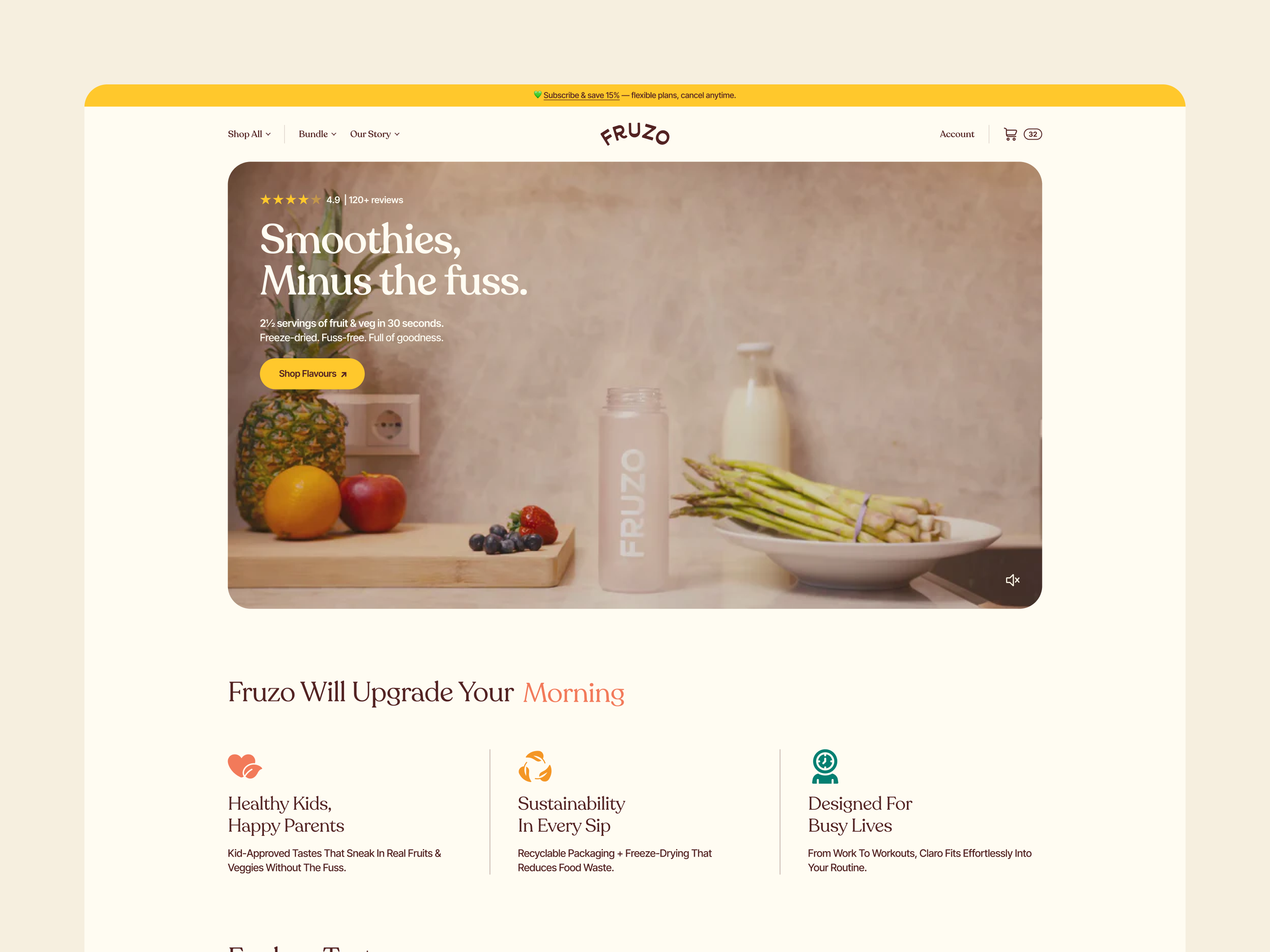 Fruzo - Healthy Smoothies Website Design branding d2c desktop view ecommerce food beverage fruits health brand landing page nutrition organic food pricing page product design smoothies uiux web design web ui website design