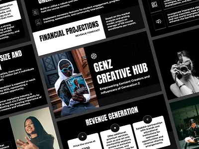 GenZ Creative Hub – Startup Pitch Deck Presentation Design business presentation content creators creator economy dark theme data visualization deck design gen z influencer marketing modern presentation pitch deck powerpoint design presentation design slide design startup pitch