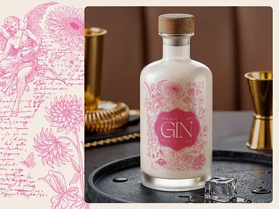 Gin Label Design bottle label branding gin gin label graphic design illustration label design minimal packaging design pink premium design