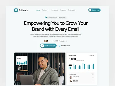 Pollinate – Email Marketing Website Hero branding business saas clean clean saas landing page clean saas ui design email marketing saas home page illustration landing page marketing saas modern saas design ui uiux web design website