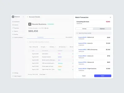 Match Transaction — Balance Financial App app assets banking budget clean crm figma financial fintech invoice management match payment saas transaction ui