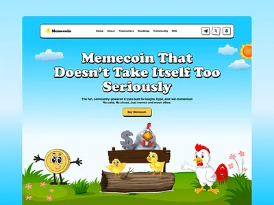 Memecoin Website branddesign cartoonui colorfuldesign creativeui crypto cryptodesign cryptowebsite digitalillustration funui illustration landingpage meme modernweb playfuldesign productdesign uiux uxdesign webdesign websiteui webui