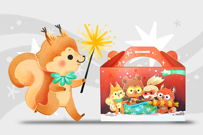 Packaging design for gift box with cute animals animals celebrate celebration character design childrens illustration christmas cute decoration design designer for kids holiday illustration new year package packaging squirrel stars winter