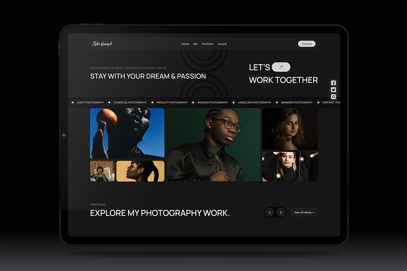 Photography Portfolio Website creative website dark ui design study dribbble shot landing page modern web ui modern website photography website portfolio website ui ui design ui ux design ux design visual design web design website ui