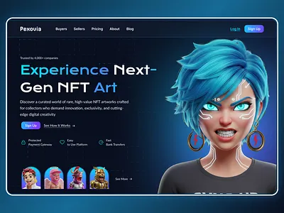 NFT Marketplace Website UI/UX Design 3d character blockchain crypto website dark theme digital art fintech ui futuristic ui gradient ui hero section landing page modern ui nft nft marketplace nft website saas website startup website ui ux design web design web ui website design