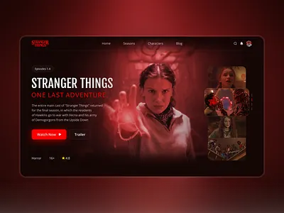 Movie Website Design | Stranger Things broadcast cinema clean demogorgon eleven interface kid movie search movie website netflix red stranger things tv series video platform web design website ui