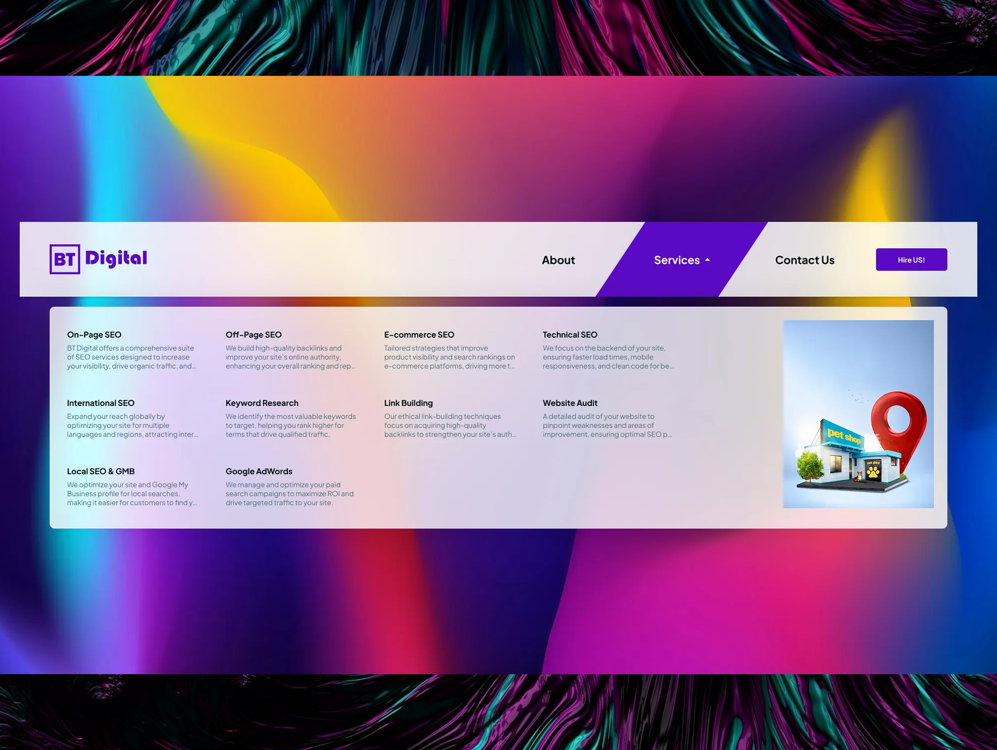 BT Digital – Vibrant SEO Agency website Megamenu 2026 agency branding colorful design digitalagency figma gradient hero section landingpage marketing megamenu modern seo seoagency ui design ux design vibrant webdesign website