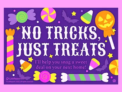 No Tricks, Just Treats bats branding colorful design flat graphic illustration halloween halloween candy illustration illustrator jackolantern listreports lollypop seasonal illustration spooky trick or treat typographic illustration vector whimsical halloween