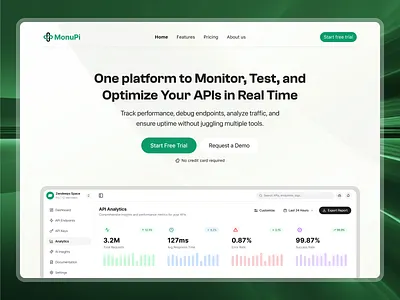 API Management Platform Website - MonuPi admin dashboard analytics ui api dashboard api monitoring api testing clean ui dashboard ui data visualization developer platform developer tools interface design monitoring tool product design saas design software design system metrics tech design ui components ux ui web app design