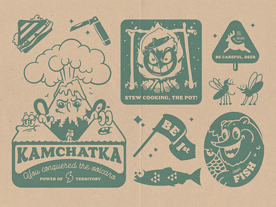 Set of hiking stickers "Kamchatka" achievements adobe illustrator art bear charactedesign cute art deer design fish flag graphic design hike illustration knife label mosquitoes sandwich stickers vector volcano