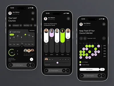 EduFlow Modern Learning Progress Tracker App Dark Themeer app design course management dark theme dashboard ed tech design edtech education education app elearning app ios learning app mobile app online courses online e learning app online learning productivity app progress tracking skill development student app