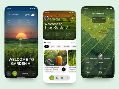 Smart Garden AI App UI Design agriculture app ui agrotech ui ai dashboard ai mobile app app app design crop monitoring app data visualization ui farming app design garden management glassmorphism ui ios iot farming app mobile mobile app plant management app precision agriculture smart farming smart garden ai ui