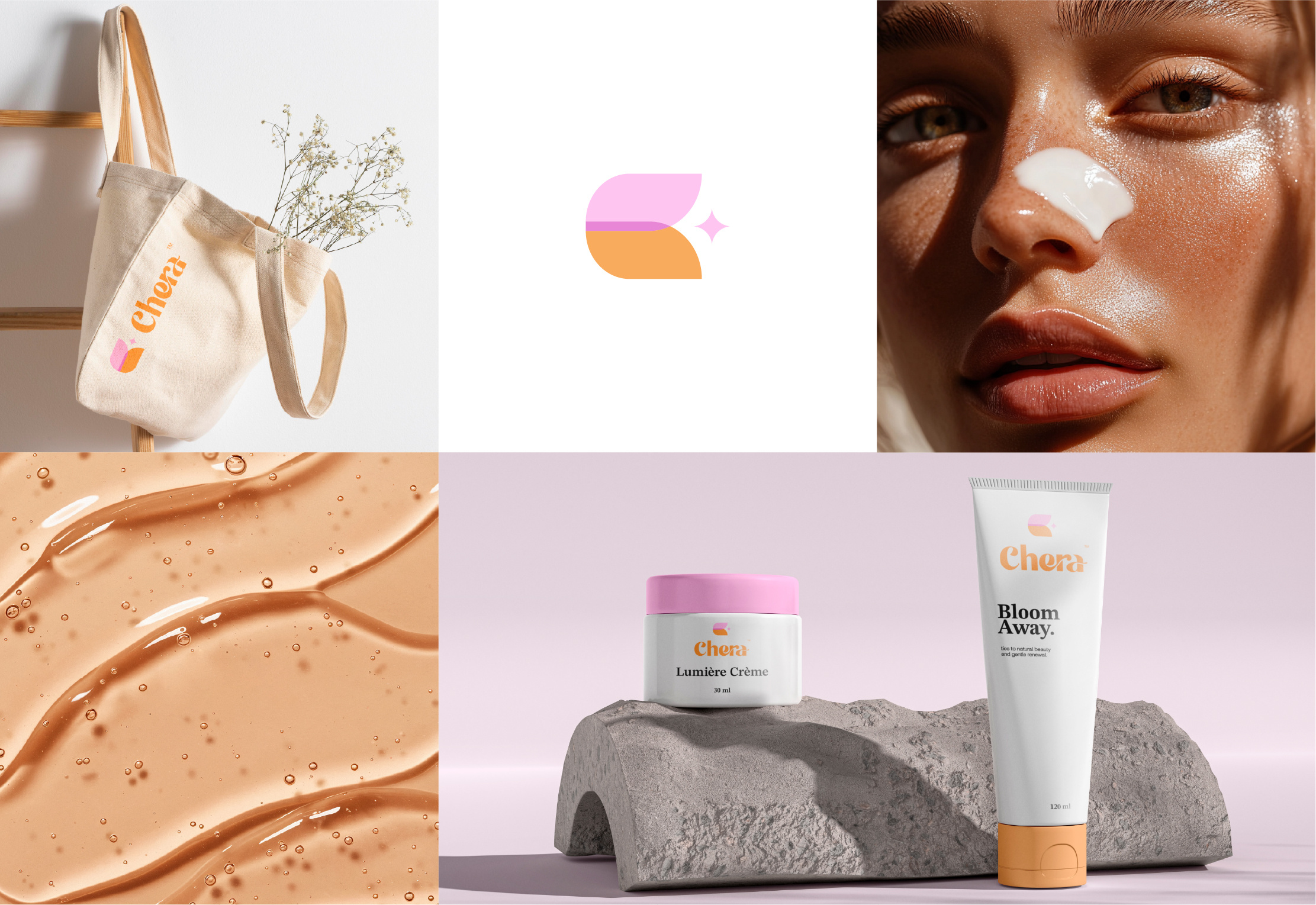 Chera™ Visual Brand Identity - Beauty Brand asthetic beauty brand beauty branding beauty product logo brand identity chera branding chera visual identity clean cream logo creative beauty logo minimal modern night cream logo overlay logo petals logo design premium beauty logo shine effect logo skin care brand identity sophisticated beauty logo sun skin protect logo