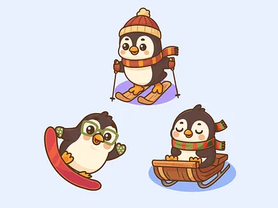 Penguin Winter Holiday🐧🛷❄️ adorable animal branding cold cute doodle flat holiday icon illustration logo new year penguin seasons skiing snow snowboarding snowflake sports winter