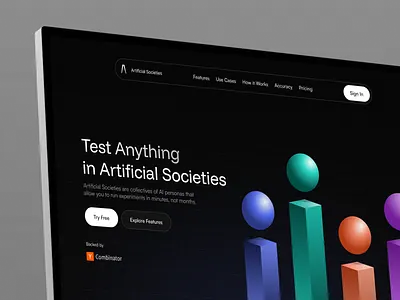 Landing Page for an AI Simulation Platform 3d ui ai platform ai product ai simulation ai startup artificial intelligence dark ui data visualization experimental design futuristic ui landing page design modern interface product design saas design simulation software startup landing page tech website ux ui web design web ui