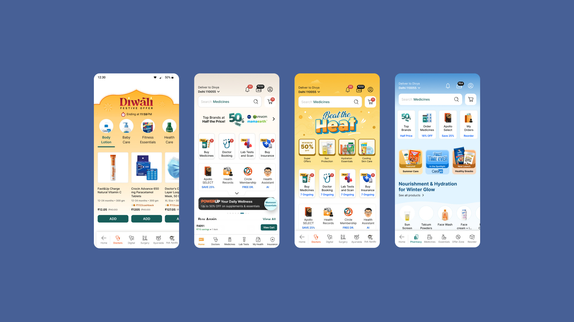 Engaging Campaign Visuals for Apollo 24|7 50 off app visuals beat the heat diwali spotlight summer ui