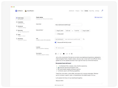 Event setup — Untitled UI form product design rich text settings tabs ui design user interface