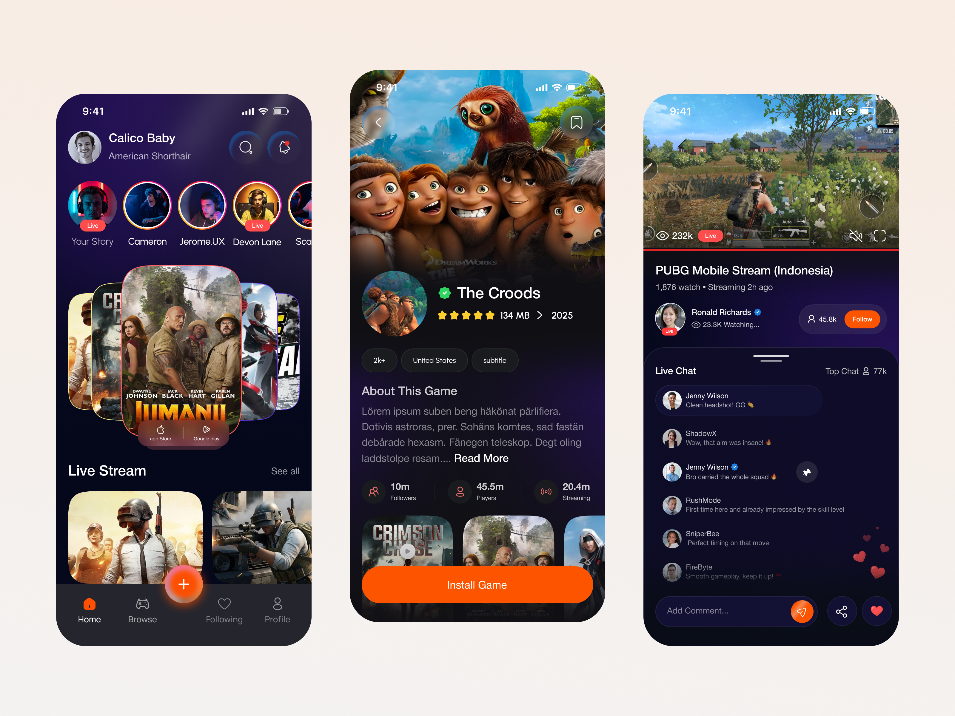 Game Streaming Mobile App UI/UX Design app ui design entertainment app esports app game game app game interface game streaming gaming app gaming ui live streaming mobile mobile app mobile app design ui ux design video streaming app