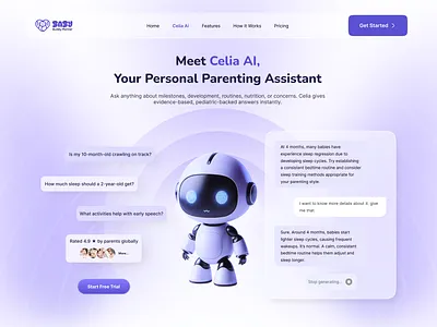 AI Landing Page ai ai assistant ai chatbot ai hero section ai landing page ai product ai robot ai website artificial intelligence baby baby app baby website landing page light design minimalist modern design parenting parents app robot website design