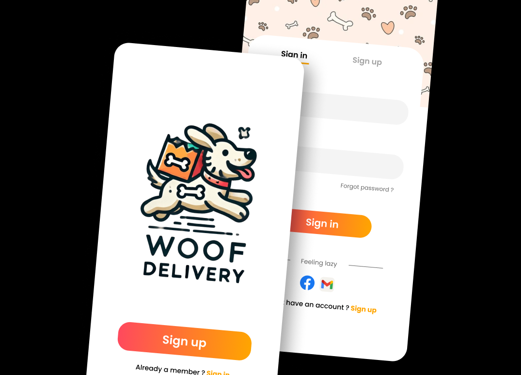 Woof Delivery application for pet food delivery animation app branding design graphic design icon illustration illustrator logo logo design minimal motion graphics typography ui ux vector web web design
