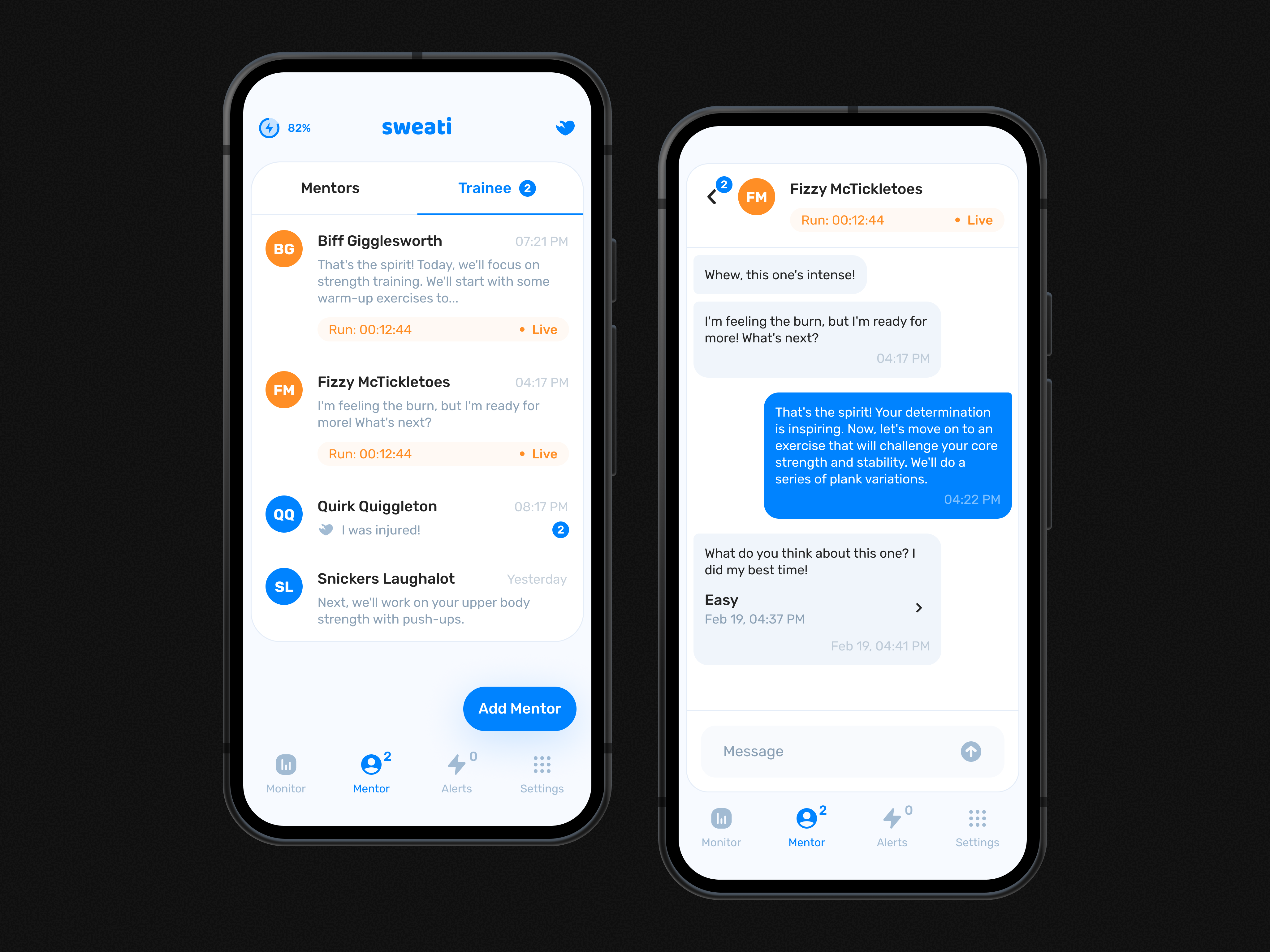 2019, Sweati app chat list mentor sport ui ux