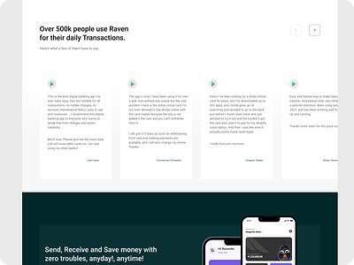 Testimonial Section from Raven Bank Landing Page Redesign bank fintech product design testimonial ui design web design