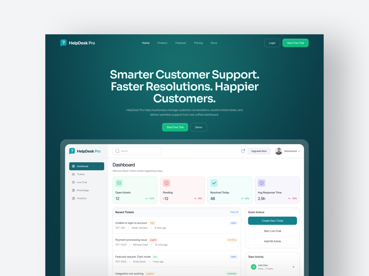 HelpDesk Pro SaaS Landing Page Design admin app design creative dashboard graphic design landing page saas saas landing page ui uiux webapp website design