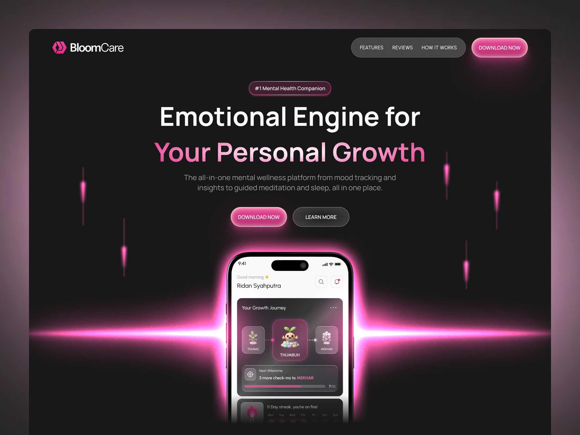 BloomCare — Mental Health App Landing Page UI clean dark mode futuristic glow healthcare landing page mental health mobile app pink product design saas ui design ux design wellness app