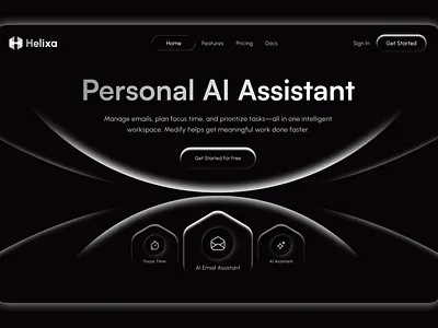 Helixa AI Assistant Landing Page ai ai assistant ai email assistant ai landing page design app design clean design concept design dark mode design dashboard ui focus time app intelligent workflow productivity app saas saas landing page task management technology ui design ux design web design workspace ui