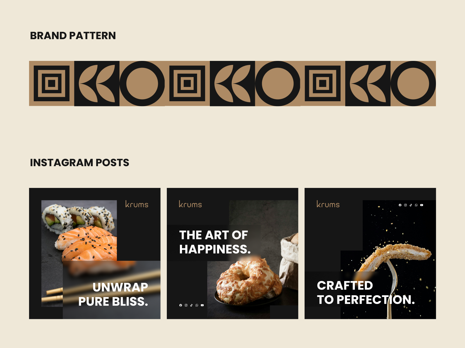 KRUMS—A Confectionery & Bakery Brand 2d animation adobe illustrator after effects brand book brand identity brand style branding color guide font guidelines logo animation logo design logo designer logo identity monogram packaging pattern pattern animation typographic logo typography wordmark